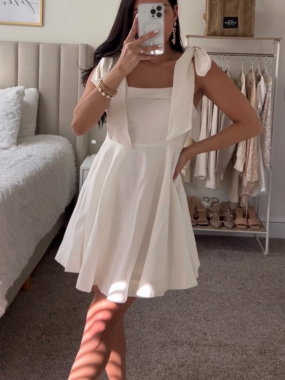 Tie-Shoulder White Sundress - Elegant Square Neck Mini Dress